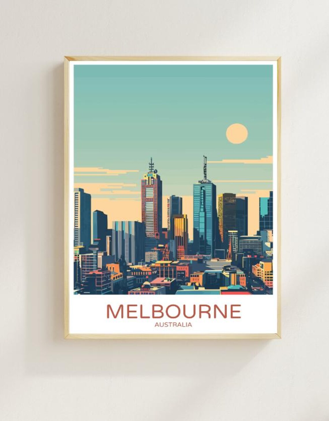 Melbourne City Skyline at Retro Sunset Australia Travel Poster