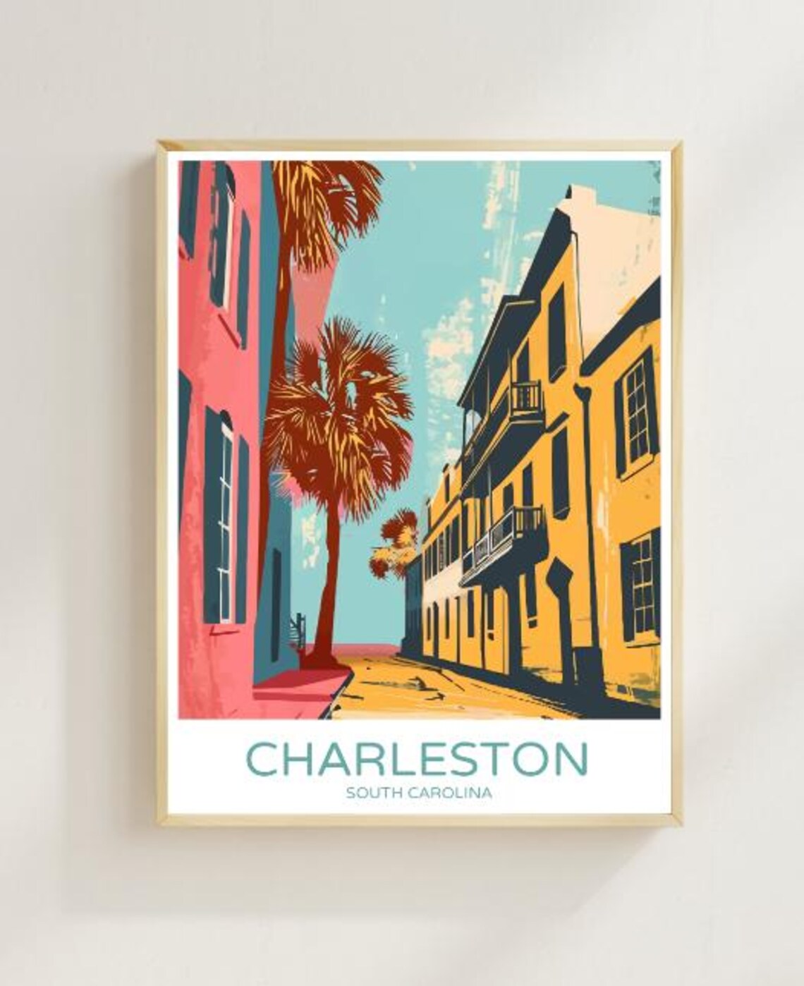 Historic Charleston South Carolina Palm Street Houses Travel Poster