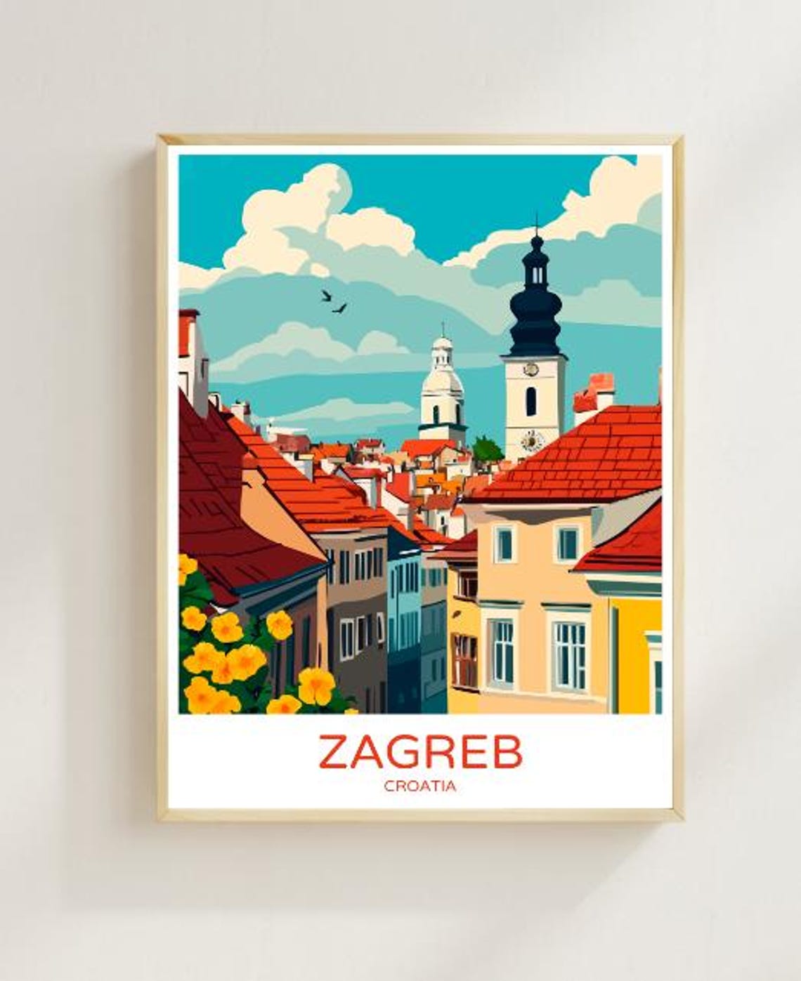 Zagreb Croatia Upper Town Red Rooftops Church Spires Travel Poster