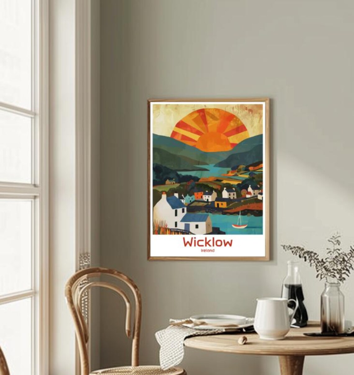 Wicklow Ireland Coastal Village Cottages Under Striped Sun Poster - Image 2