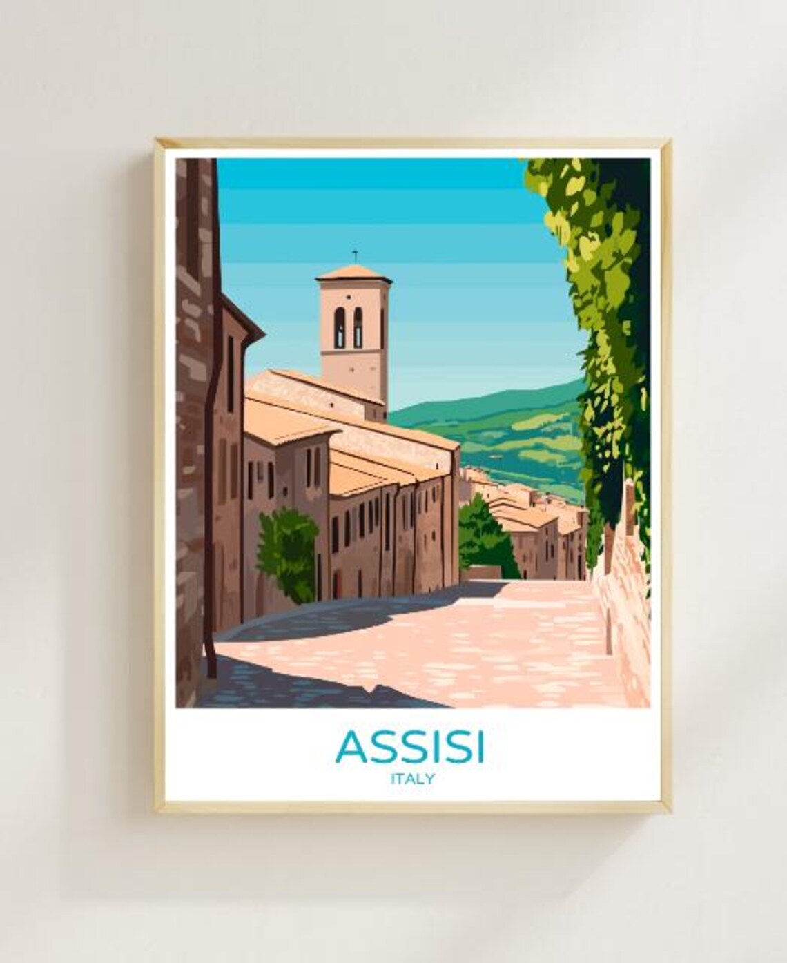 Assisi Umbrian Street Church Bell Tower Green Hills Italy Poster