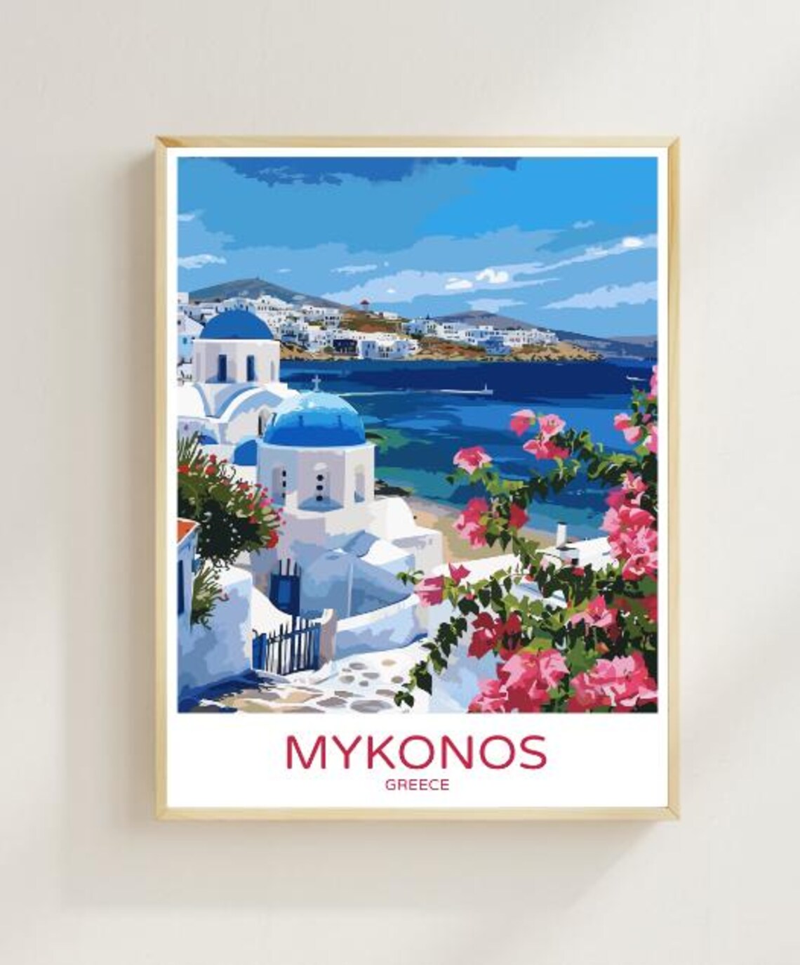 Mykonos Greece Blue Dome Churches Poster With Bougainvillea Sea View