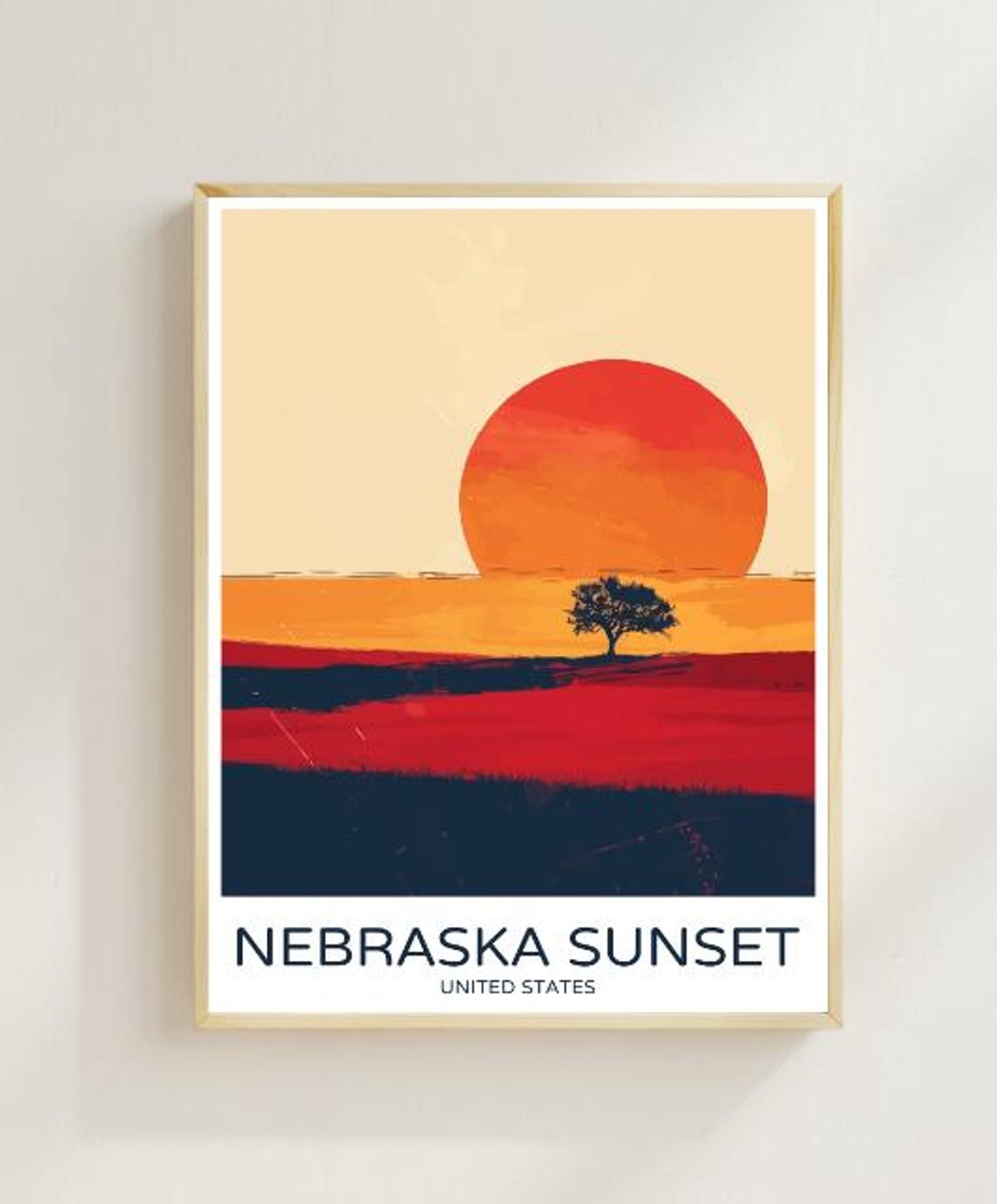 Big Red Nebraska Sunset Prairie Lone Tree Horizon Travel Poster