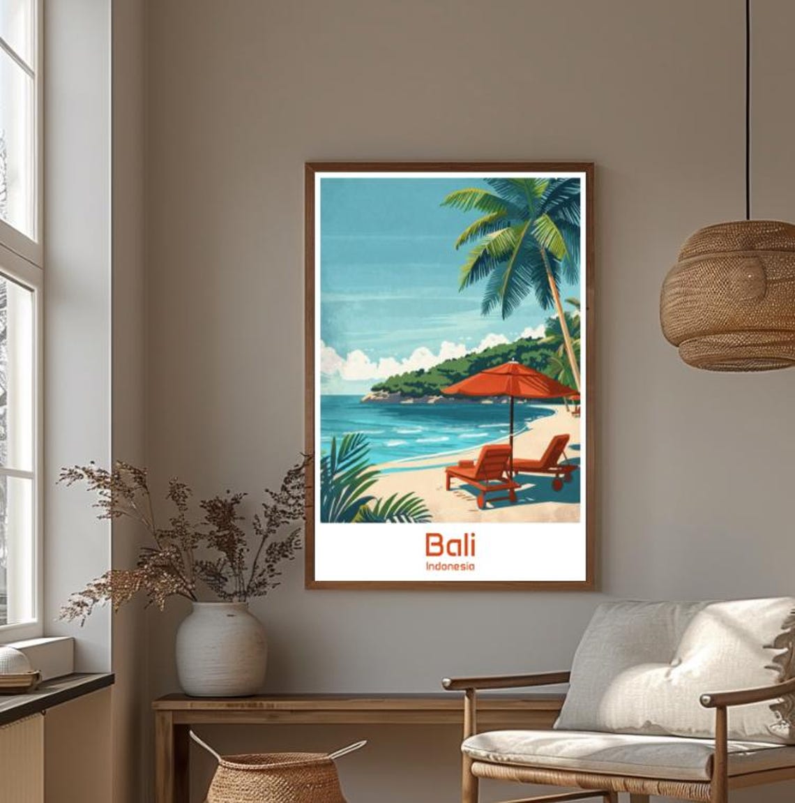 Bali Indonesia Beach Sun Loungers Palm Tree Umbrella Travel Poster - Image 4
