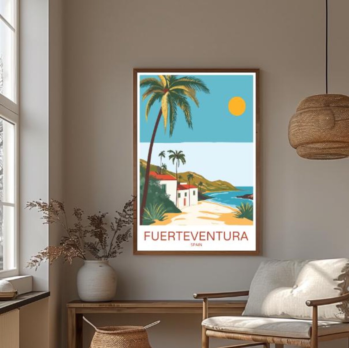 Fuerteventura Spain Travel Poster Palm Tree Beach And White Houses - Image 3