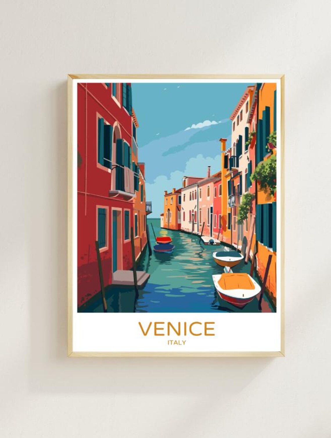 Venice Italy Quiet Canal Colorful Buildings Moored Boats Scene Poster
