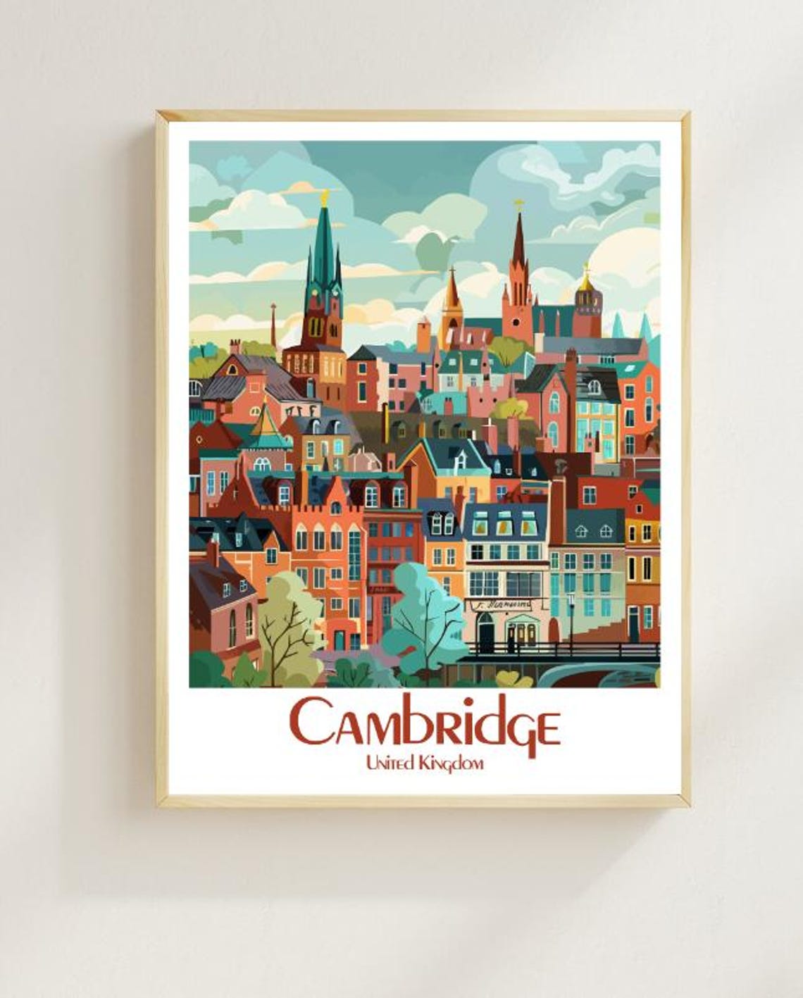Cambridge United Kingdom Travel Poster Historic University City Wall Art Vintage English Architecture Print Uk Decor Travel Gift