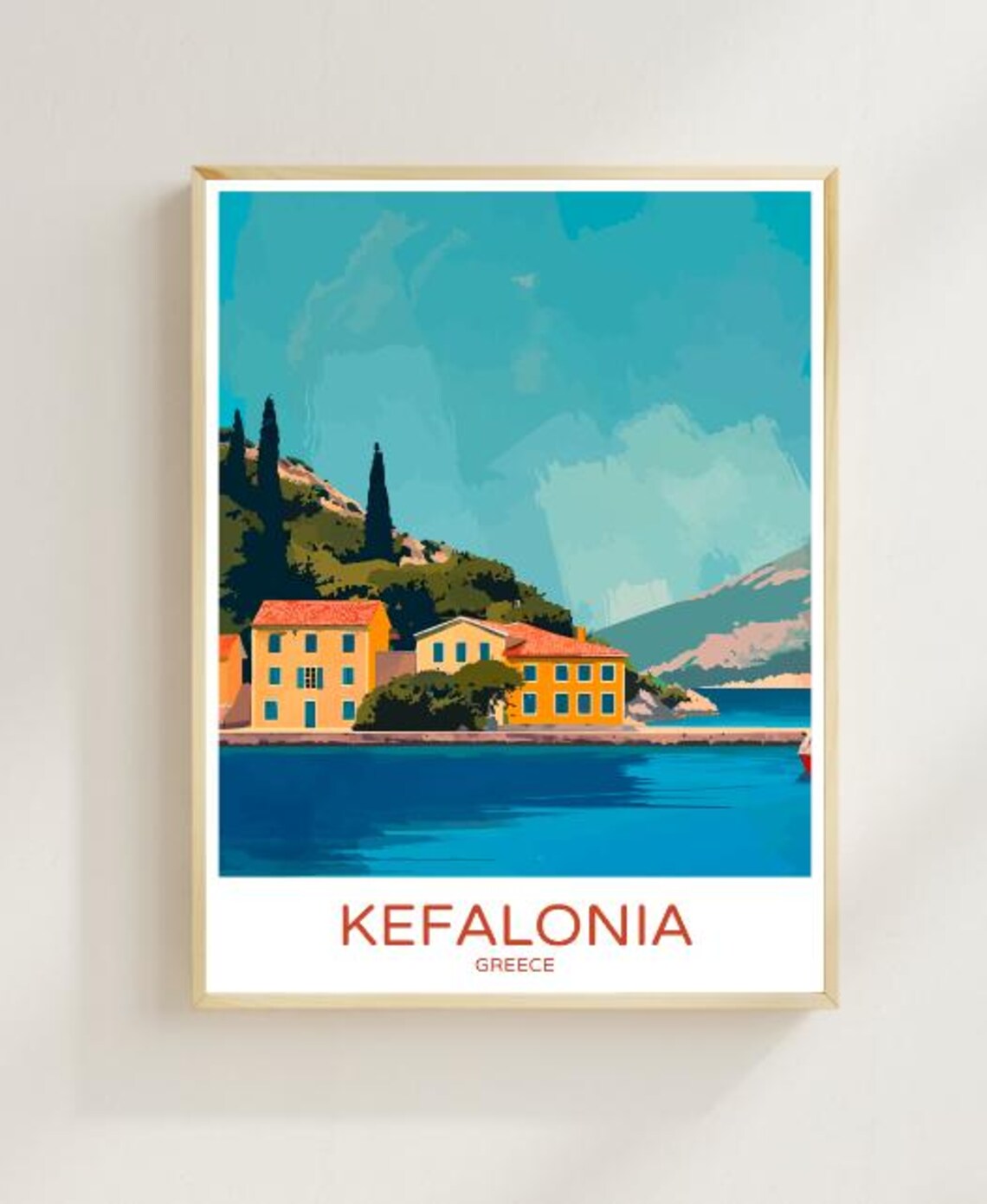 Kefalonia Greece Ionian Seaside Village Cypress View Travel Poster