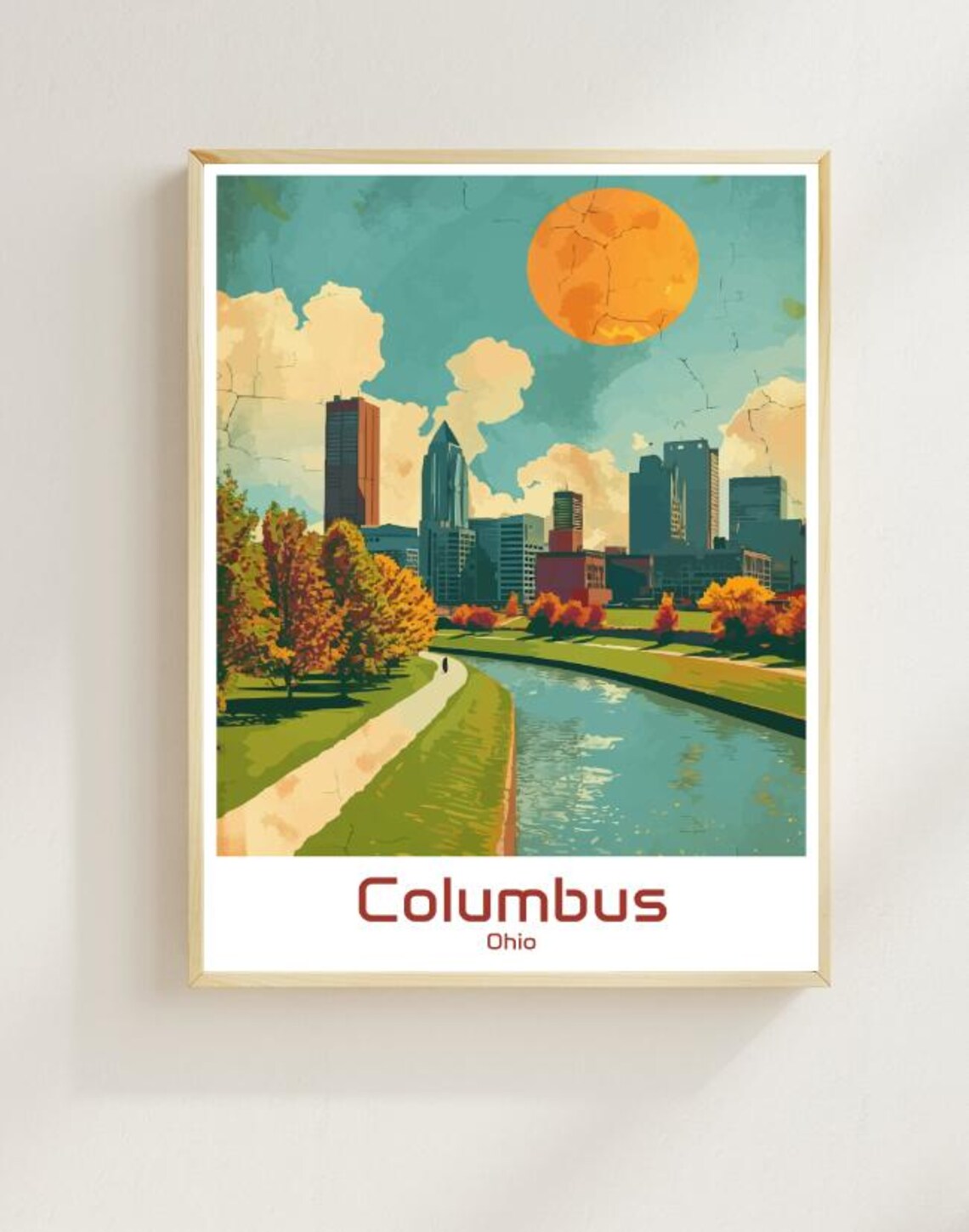 Columbus Ohio Autumn River Park Downtown Skyline Travel Poster