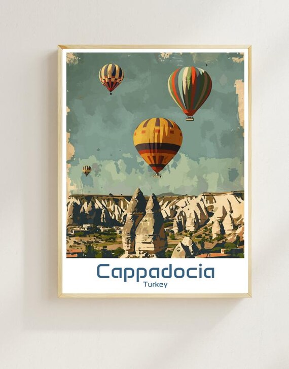 Cappadocia Turkey Hot Air Balloons Fairy Chimneys Vintage Travel Poster
