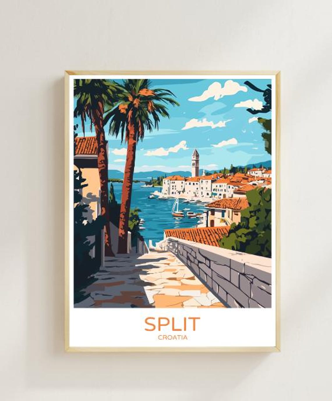 Split Croatia Waterfront Harbor Poster With Palm Trees Old Town View