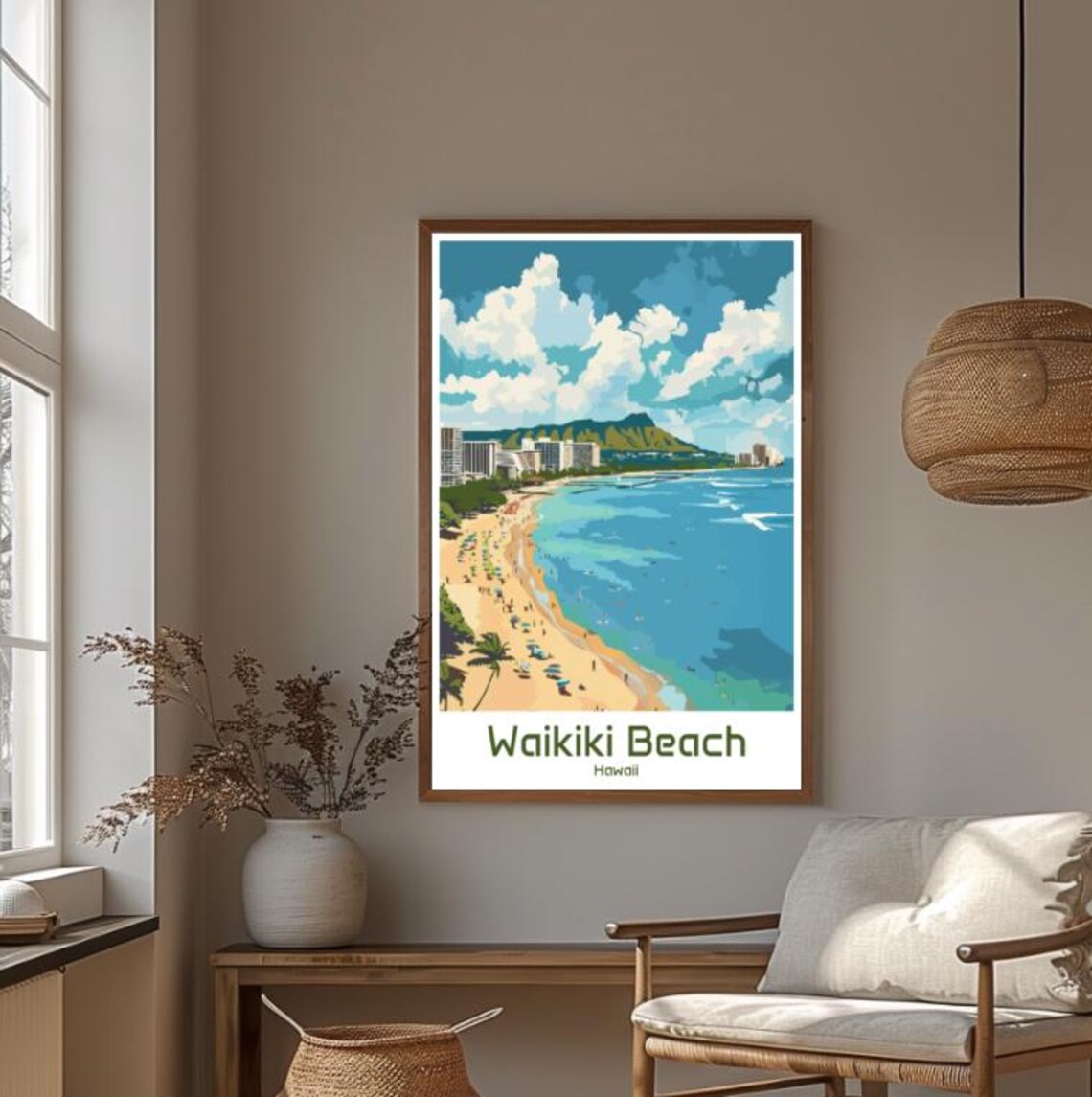Waikiki Beach Hawaii Colorful Retro Travel Illustration Poster - Image 4