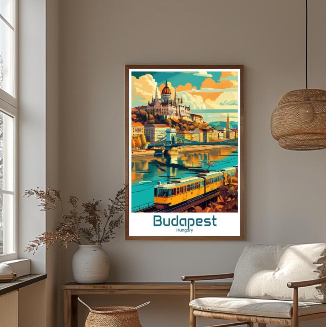 Budapest Hungary Parliament Building And Yellow Tram Vintage Poster - Image 4
