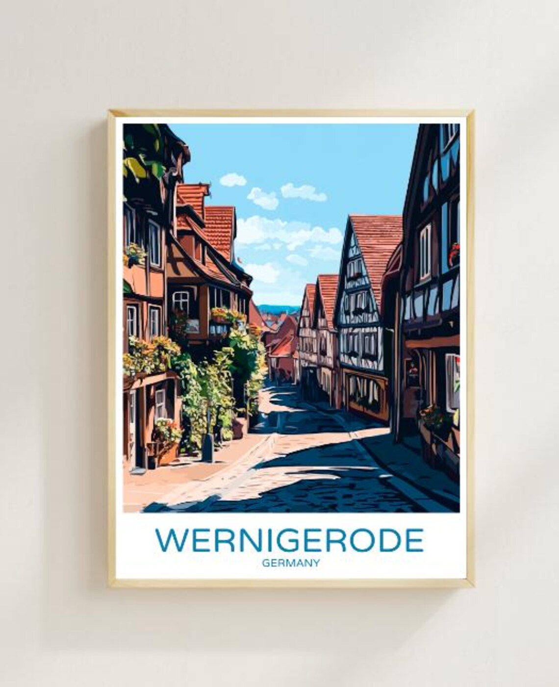 Wernigerode Germany Travel Poster Sunlit Half Timbered Street Scene
