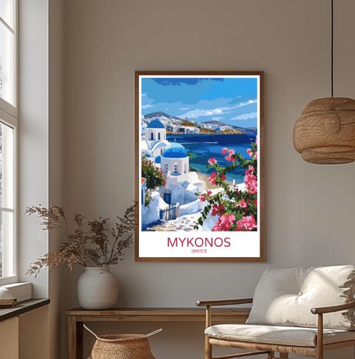 Mykonos Greece Blue Dome Churches Poster With Bougainvillea Sea View - Image 3