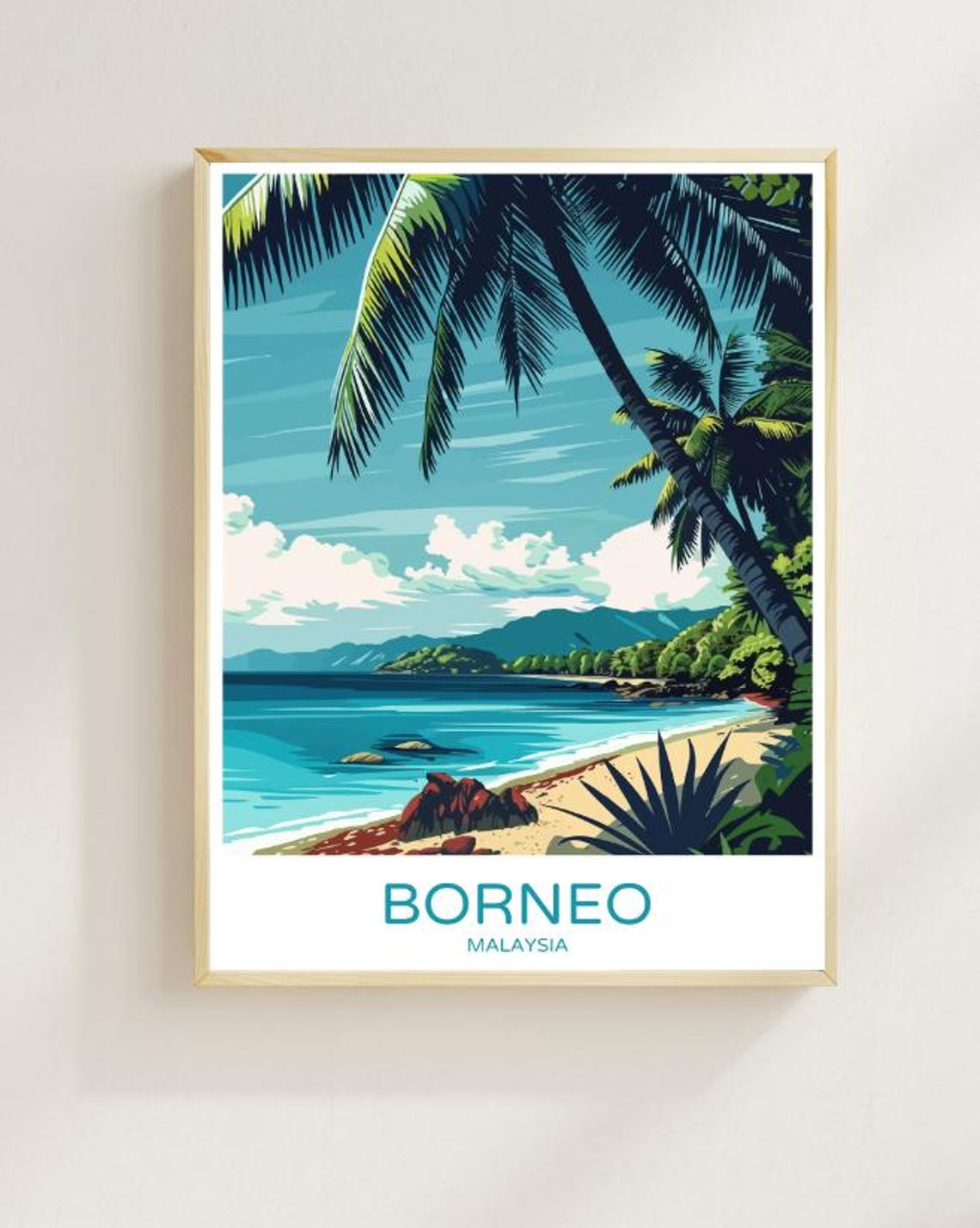 Borneo Tropical Beach With Palms And Turquoise Sea Travel Poster