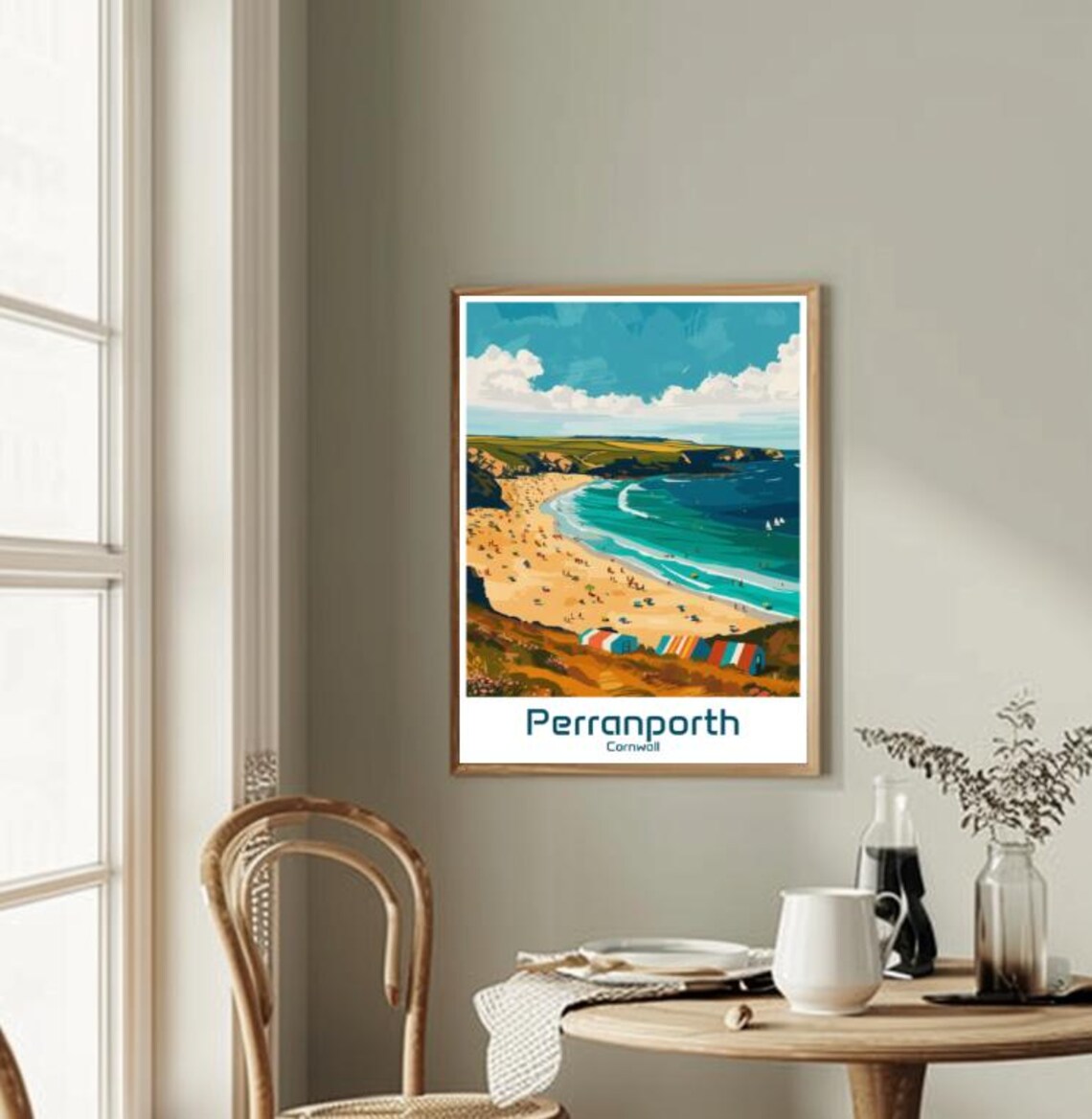 Perranporth Cornwall Golden Summer Beach Huts Coastal Travel Poster - Image 2