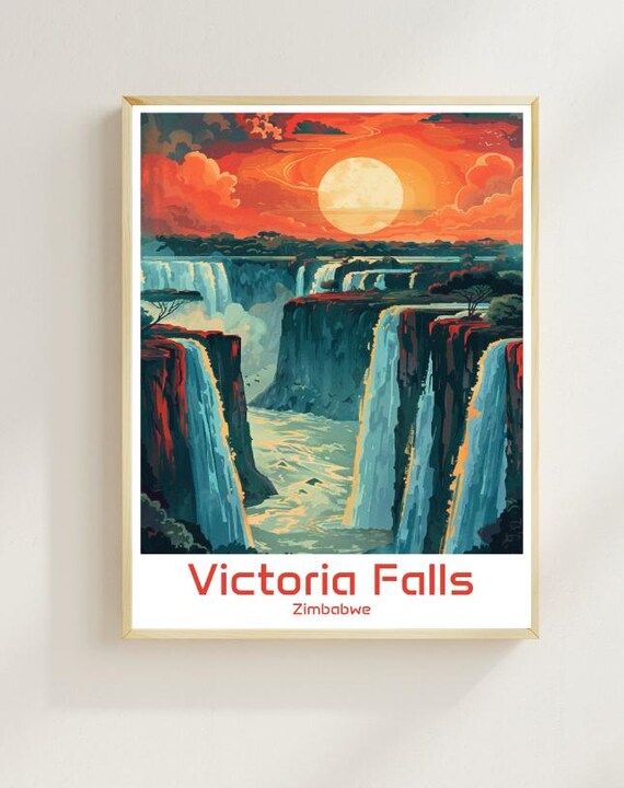 Victoria Falls Travel Poster Zimbabwe Wall Art Majestic Waterfall Print African Landscape Decor Nature Adventure Gift