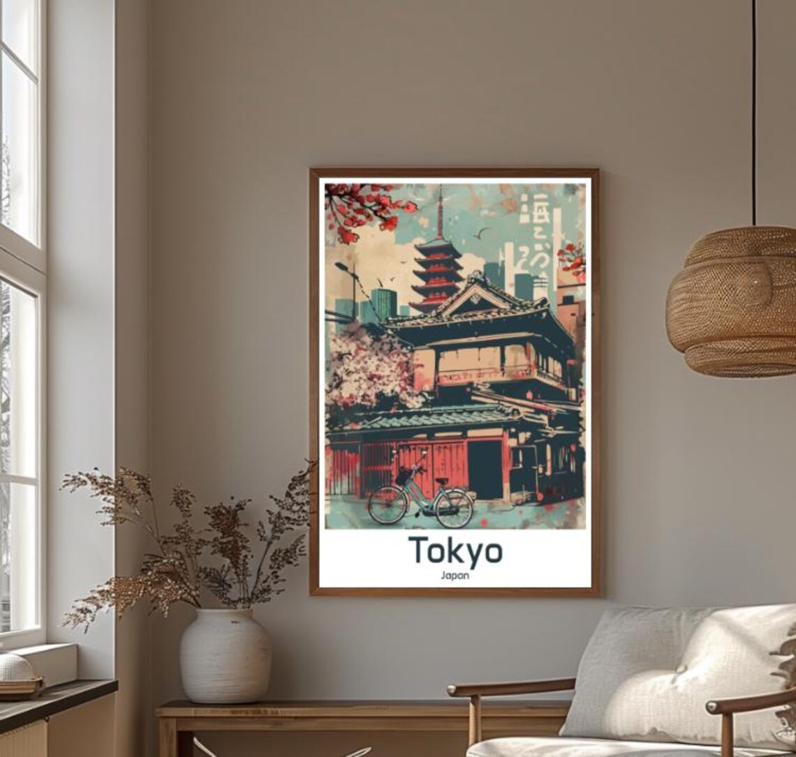 Tokyo Japan Temple Pagoda With Cherry Blossom Retro Style Poster - Image 4