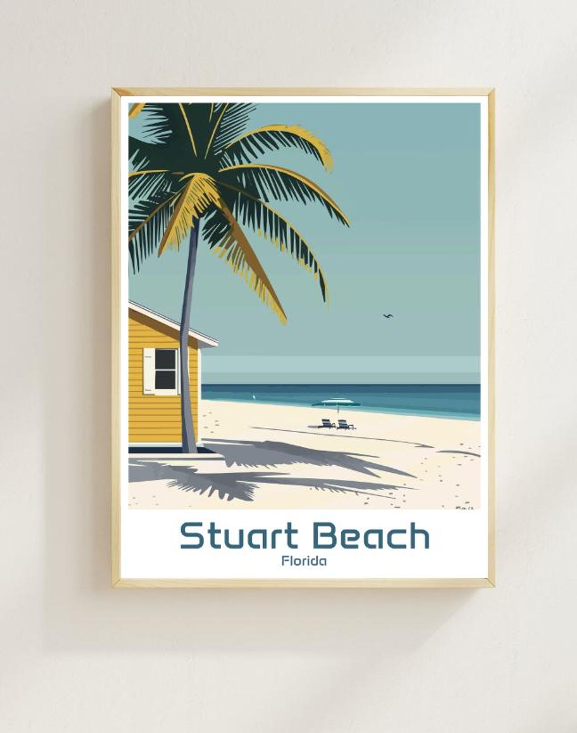 Stuart Beach Florida Palm Tree Beach Cottage Vintage Art Poster