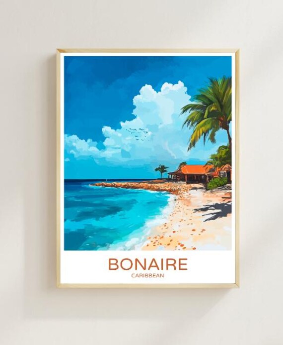 Bonaire Caribbean Beach Palm Trees Turquoise Water Hut Poster