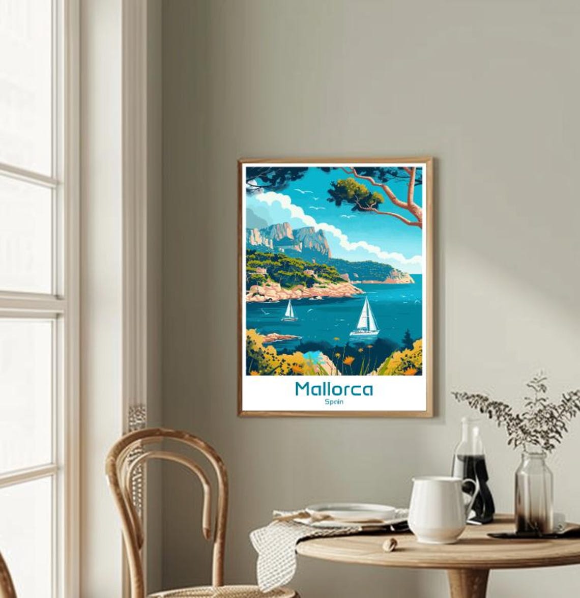 Mallorca Spain Sunlit Cliffs and Sailboats on the Coast Poster - Image 2
