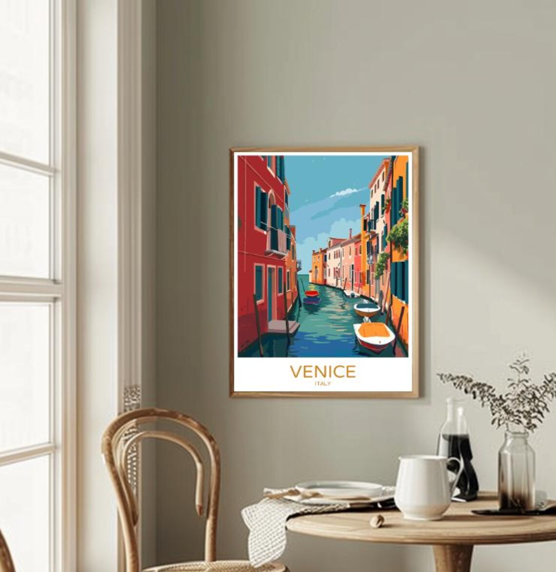 Venice Italy Quiet Canal Colorful Buildings Moored Boats Scene Poster - Image 2