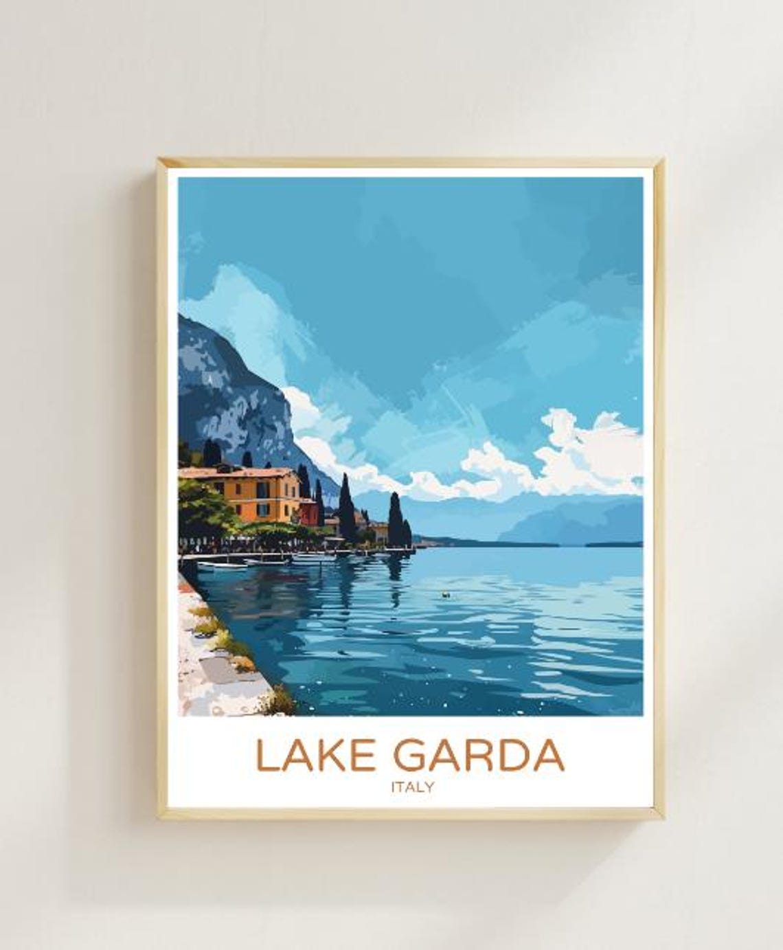 Lake Garda Italy Travel Poster Scenic Lake View Wall Art Of Sirmione Surrounding Mountains Italy Print Italian Lakes Decor Travel Art