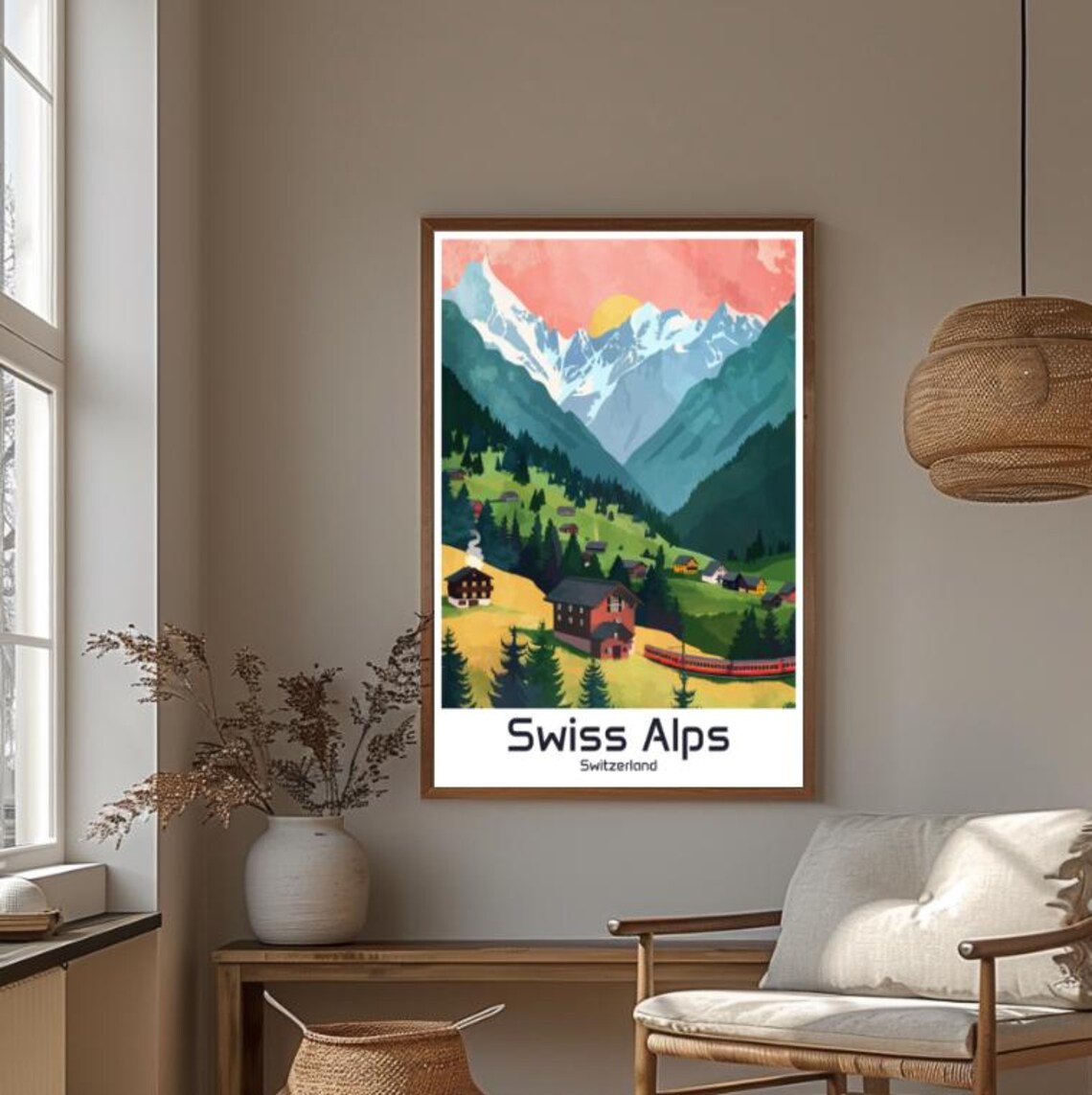 Swiss Alps Switzerland Summer Valley Chalets Red Train Poster - Image 4