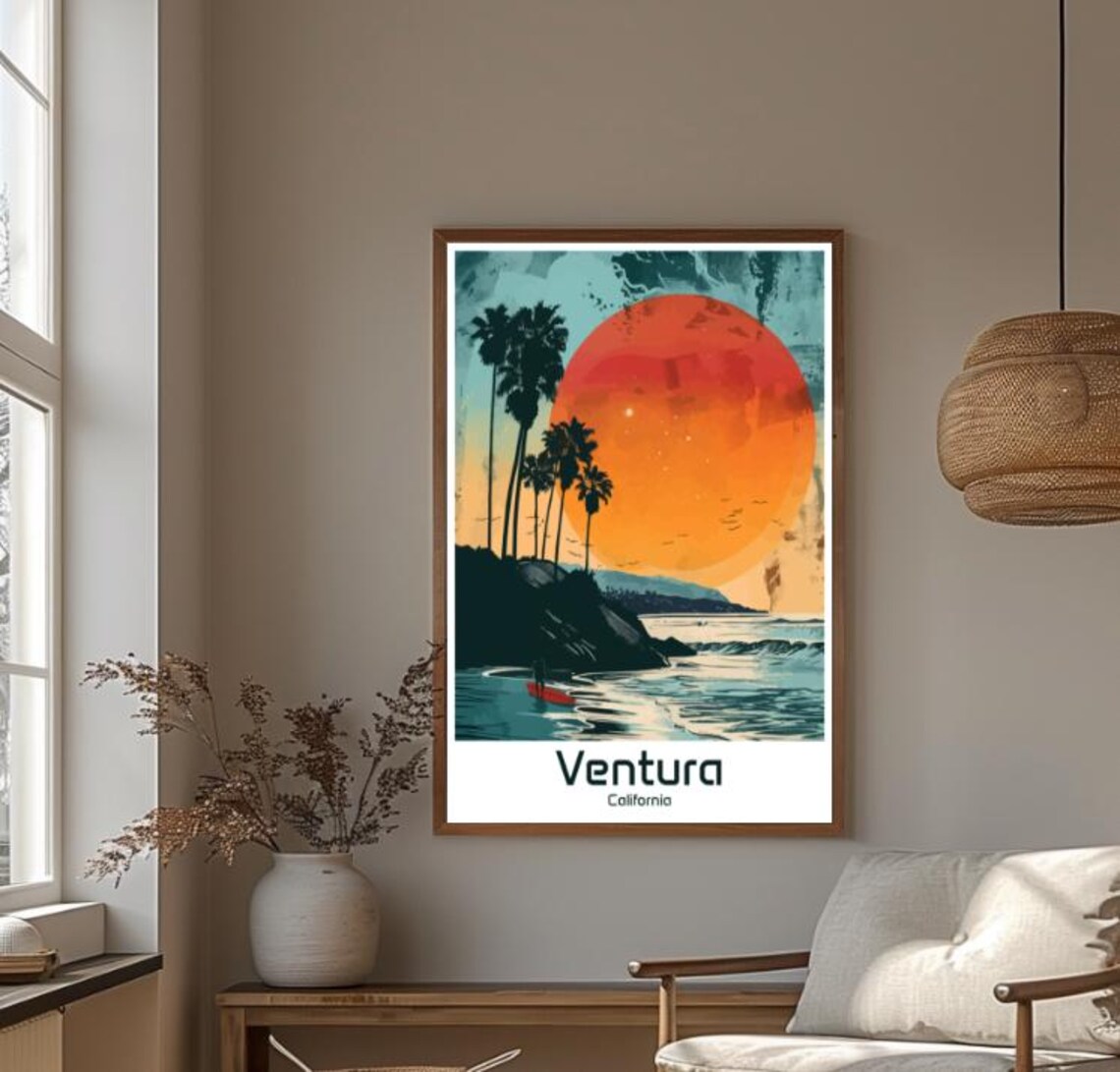 Ventura California Beach Sunset with Surfer Retro Travel Poster - Image 4