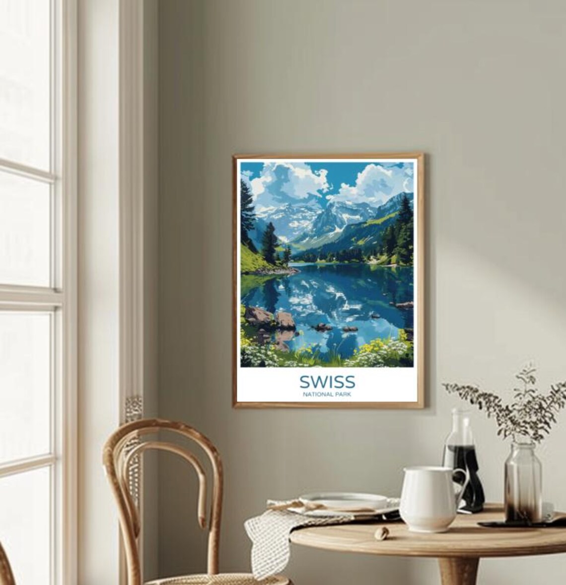 Swiss National Park Alpine Lake Wildflowers Colorful Travel Poster - Image 2