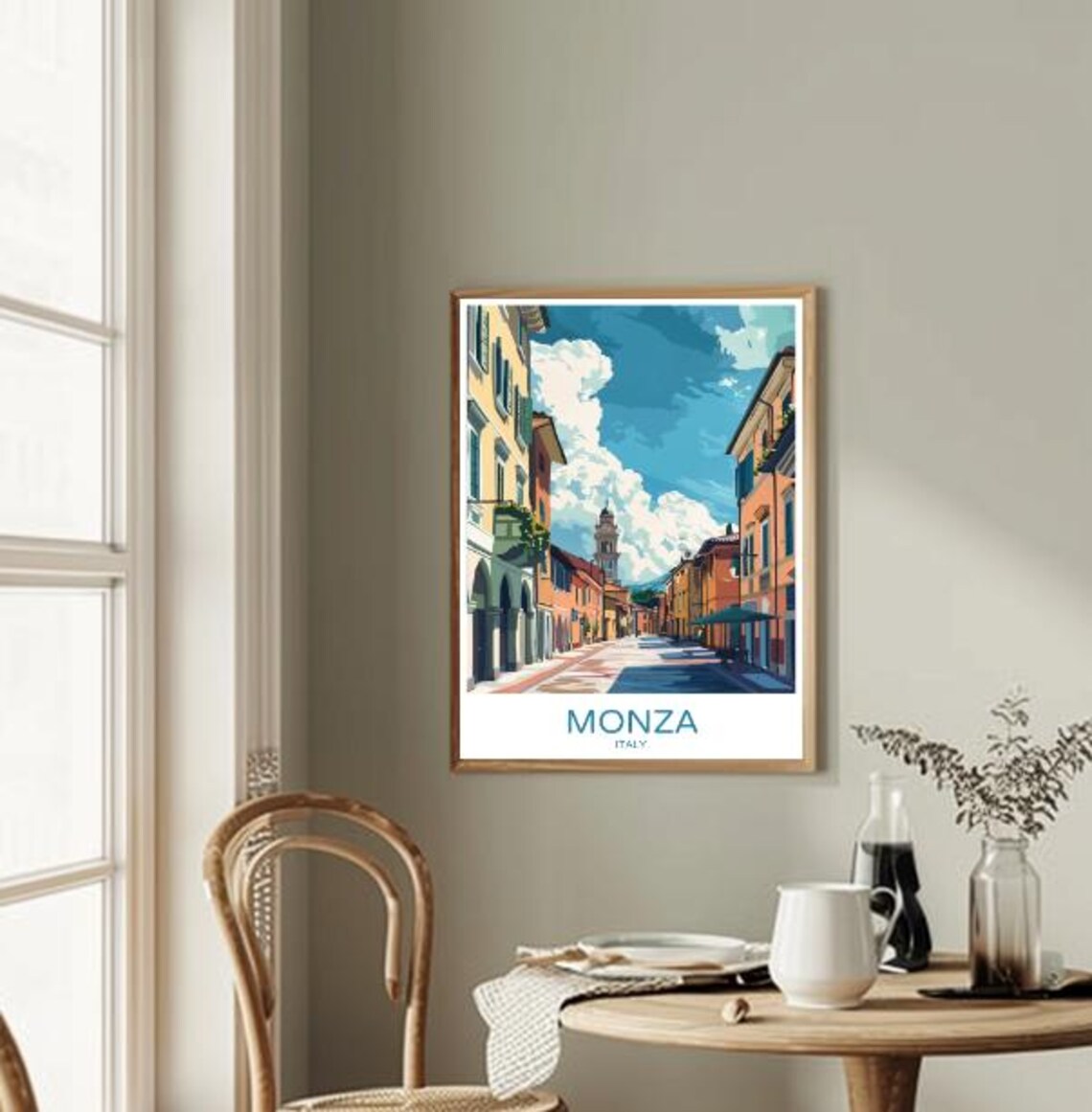 Monza Italy Charming Old Town Street Bell Tower Travel Poster - Image 2