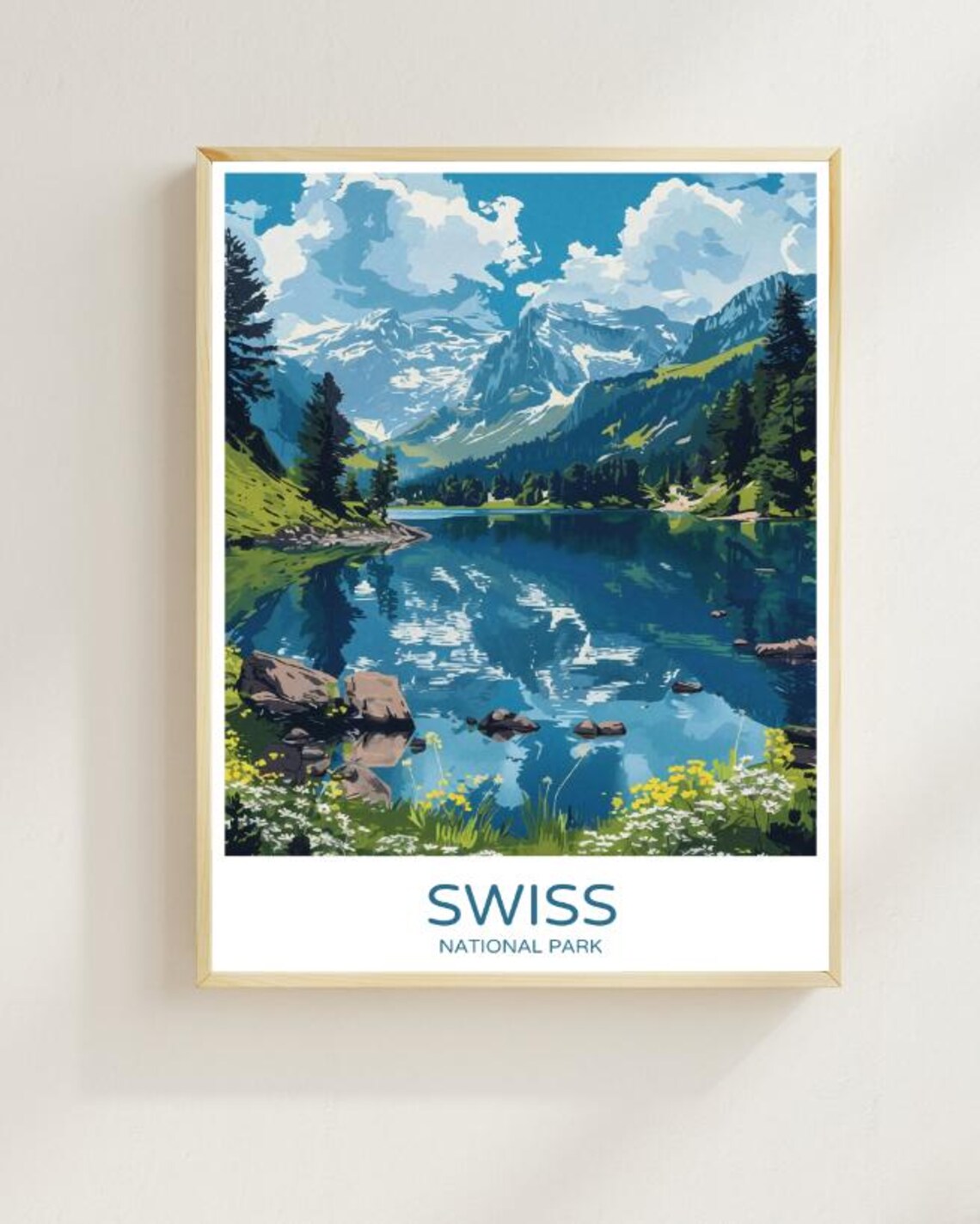 Swiss National Park Alpine Lake Wildflowers Colorful Travel Poster