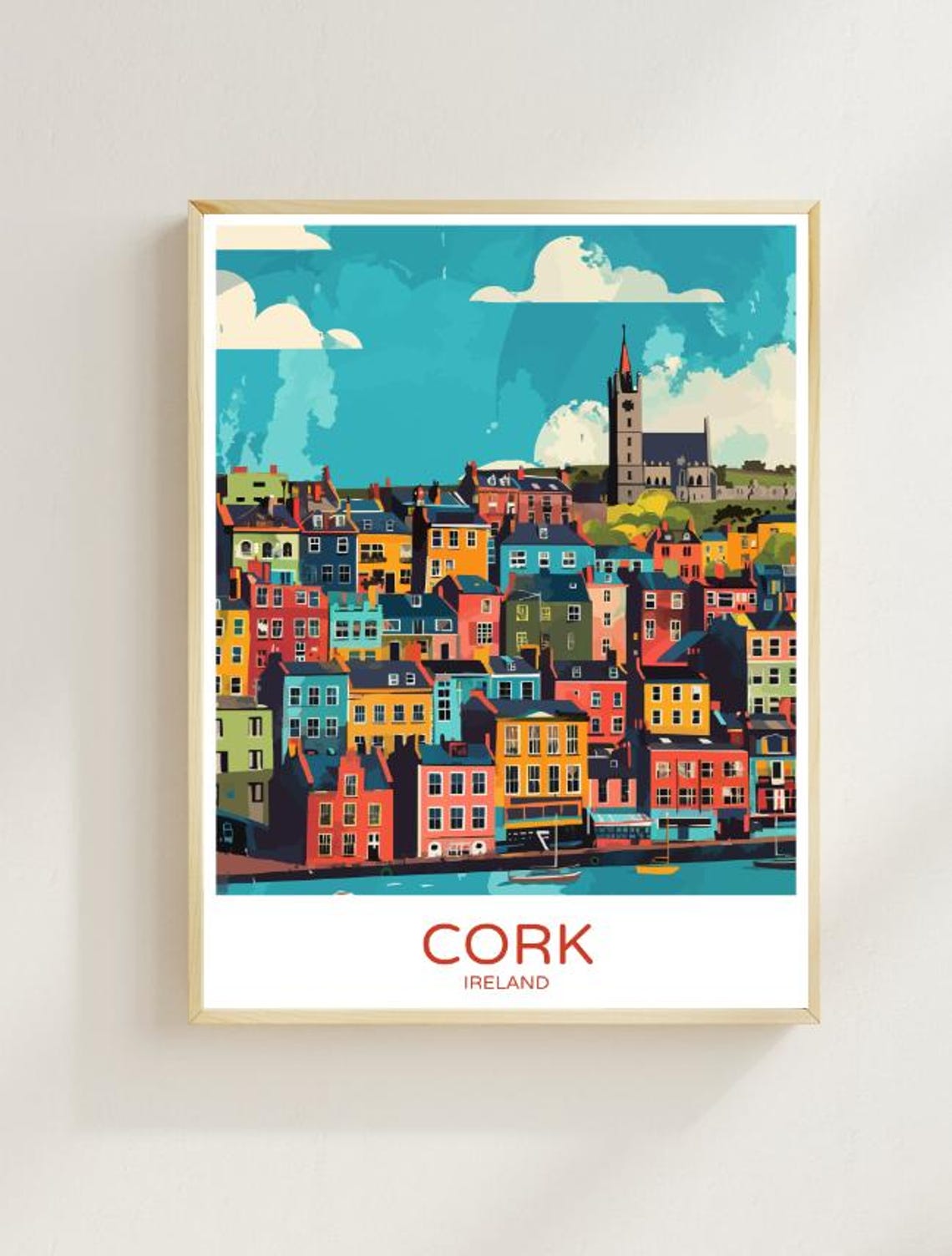 Cork Colorful Hillside Harbor Town Illustrated Ireland Travel Poster