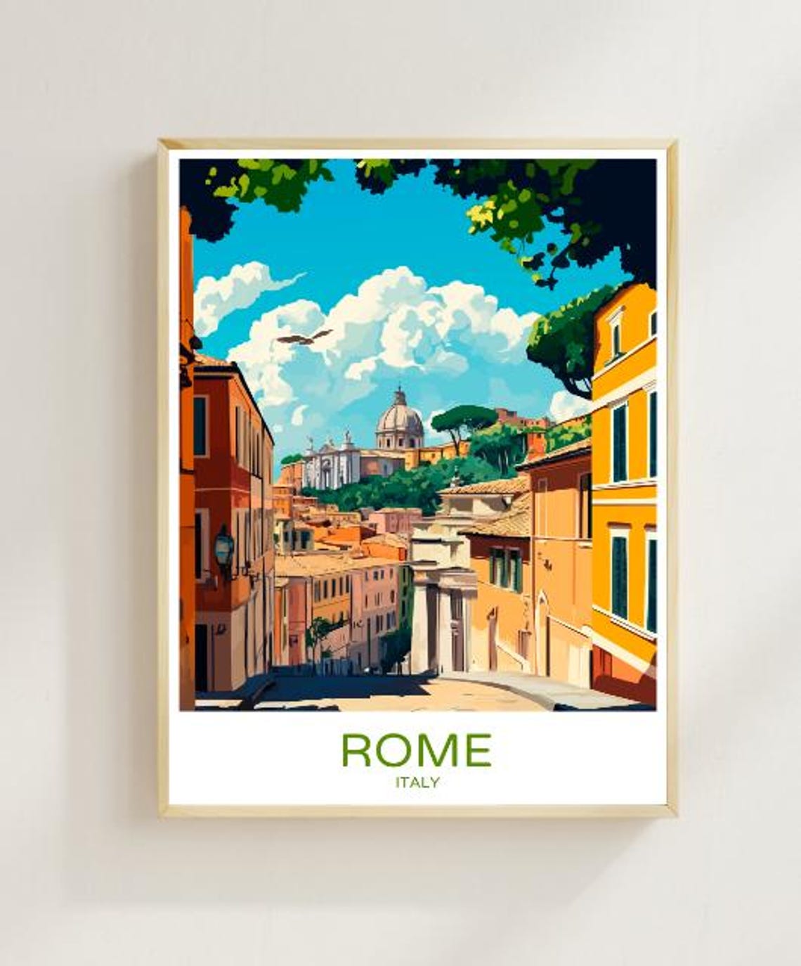 Rome Historic Street with Domed Church Under Blue Sky Poster