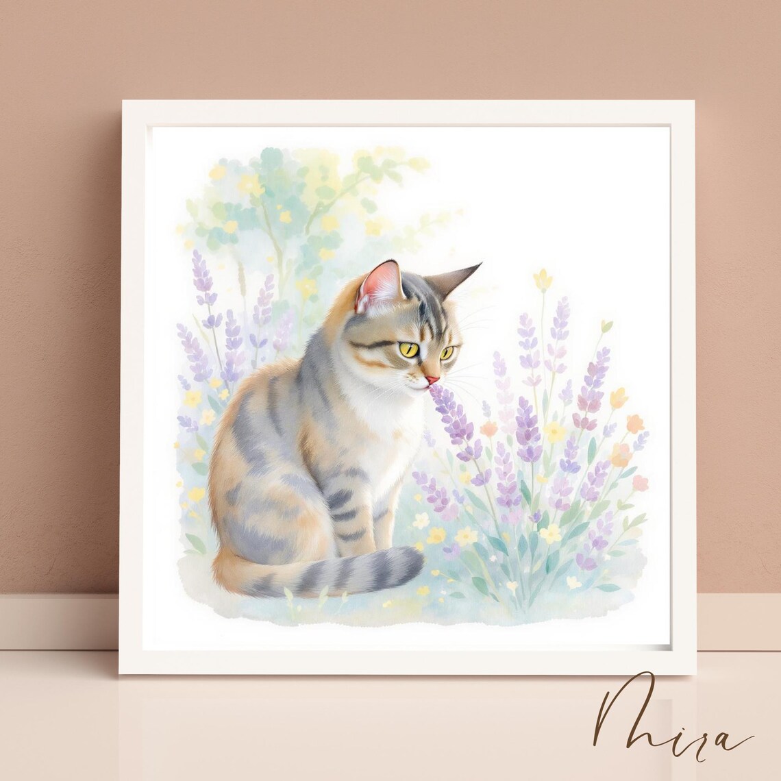 Tabby Cat Sniffing Lavender Watercolor Floral Art Wall Poster