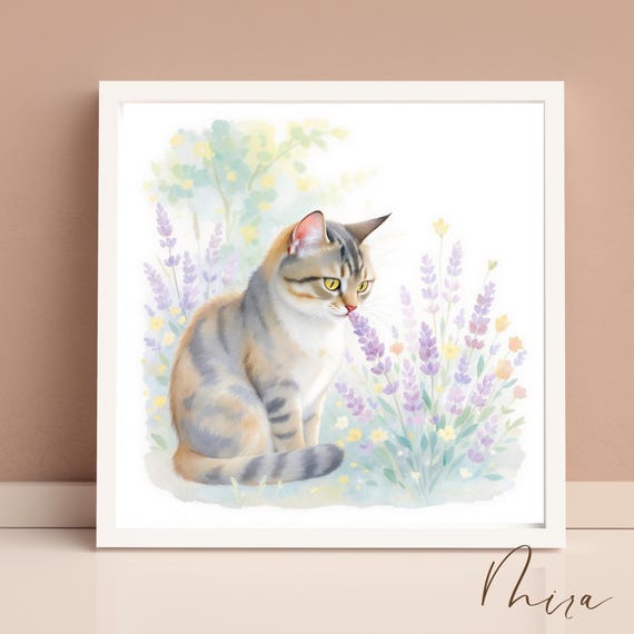 Watercolor Tabby Cat Sniffing Lavender Flower Pdf Cute Pastel Wall Art Floral Minimal For Heal Decor