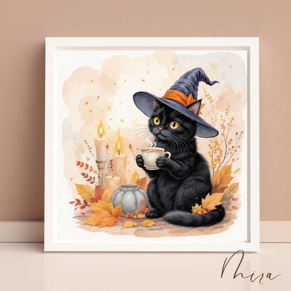 Watercolor Black Cat Witch Hat Print Cozy Halloween Fall Decor Pdf