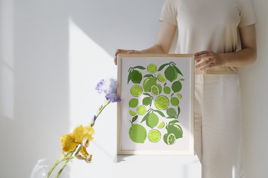 Limes Citrus Fruit Pattern Illustrated Green Kitchen Wall Art - Image 3