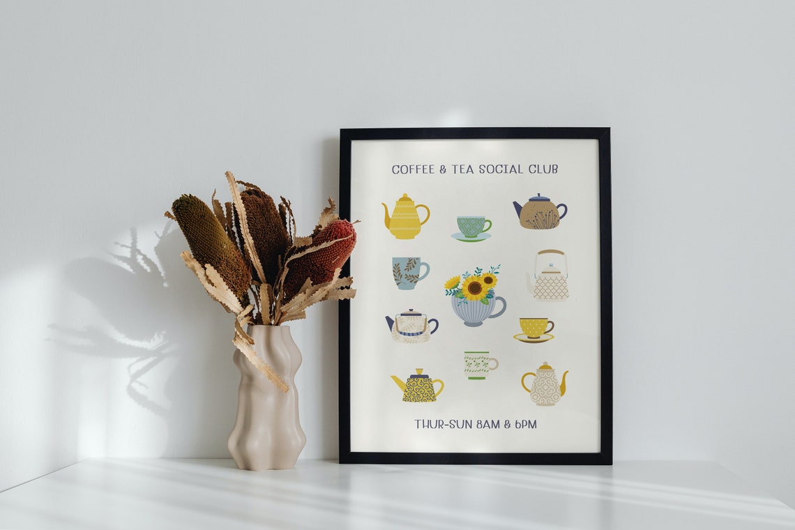 Coffee And Tea Social Club Teapot Illustrations Kitchen Wall Poster - Image 3