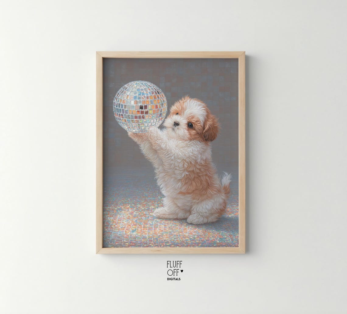 Fluffy Puppy Playing With Sparkling Disco Ball Fun Retro Style Poster