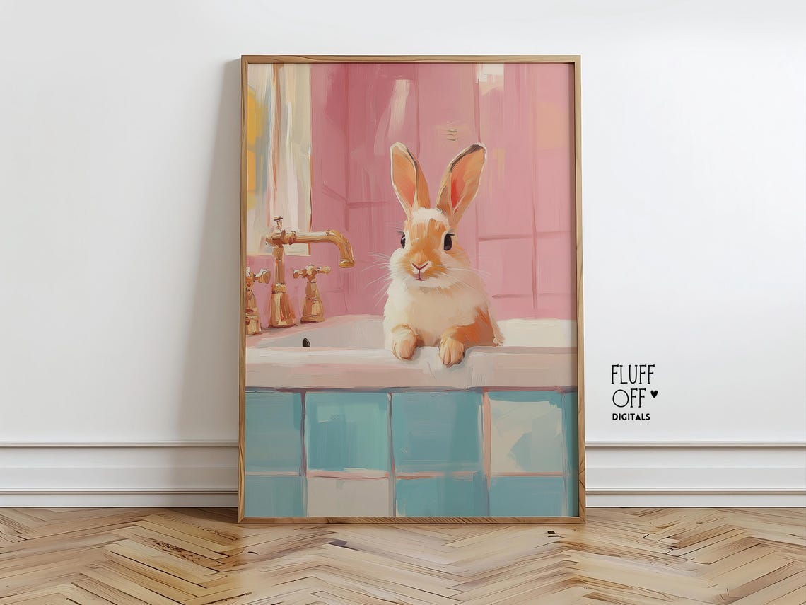 Cute Bunny Rabbit In Pink Bathtub Pastel Nursery Bathroom Art Poster