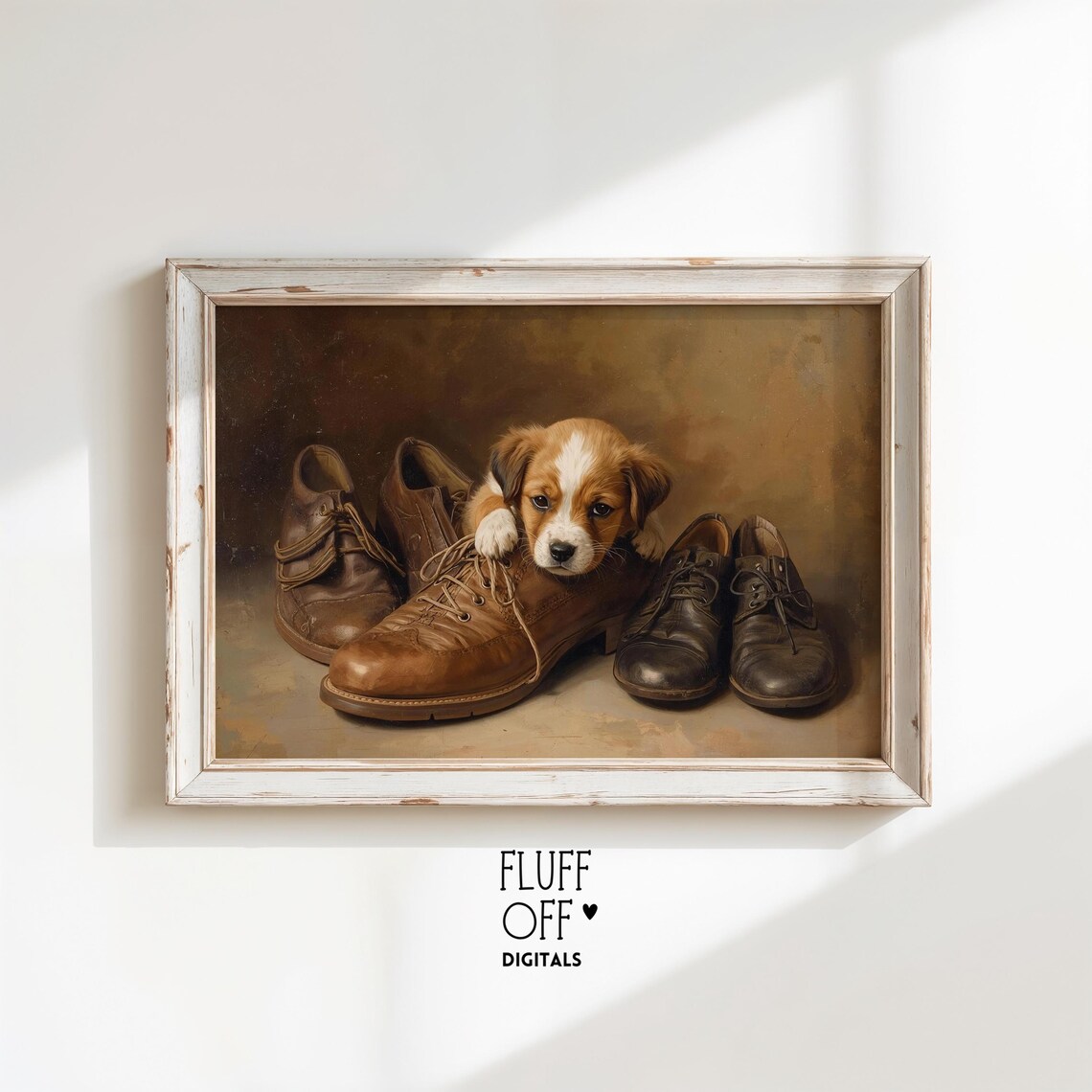 Sleepy Puppy Napping Among Vintage Leather Shoes Rustic Oil Painting Poster
