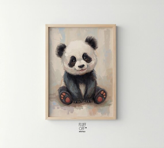 Cute Baby Panda Watercolor Soft Neutral Nursery Kids Art Poster