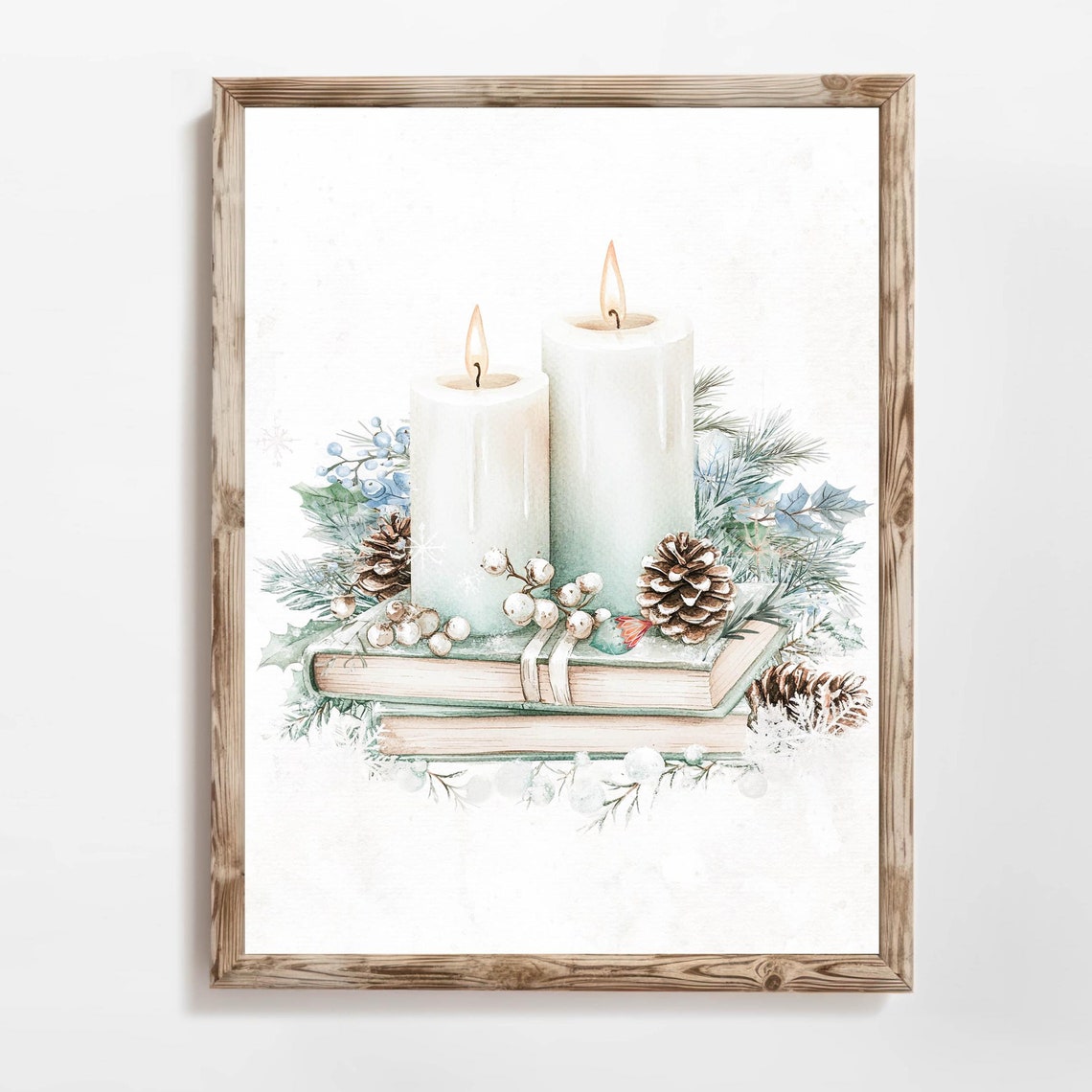 Lit Candles on Books with Pinecones Watercolor Winter Wall Art