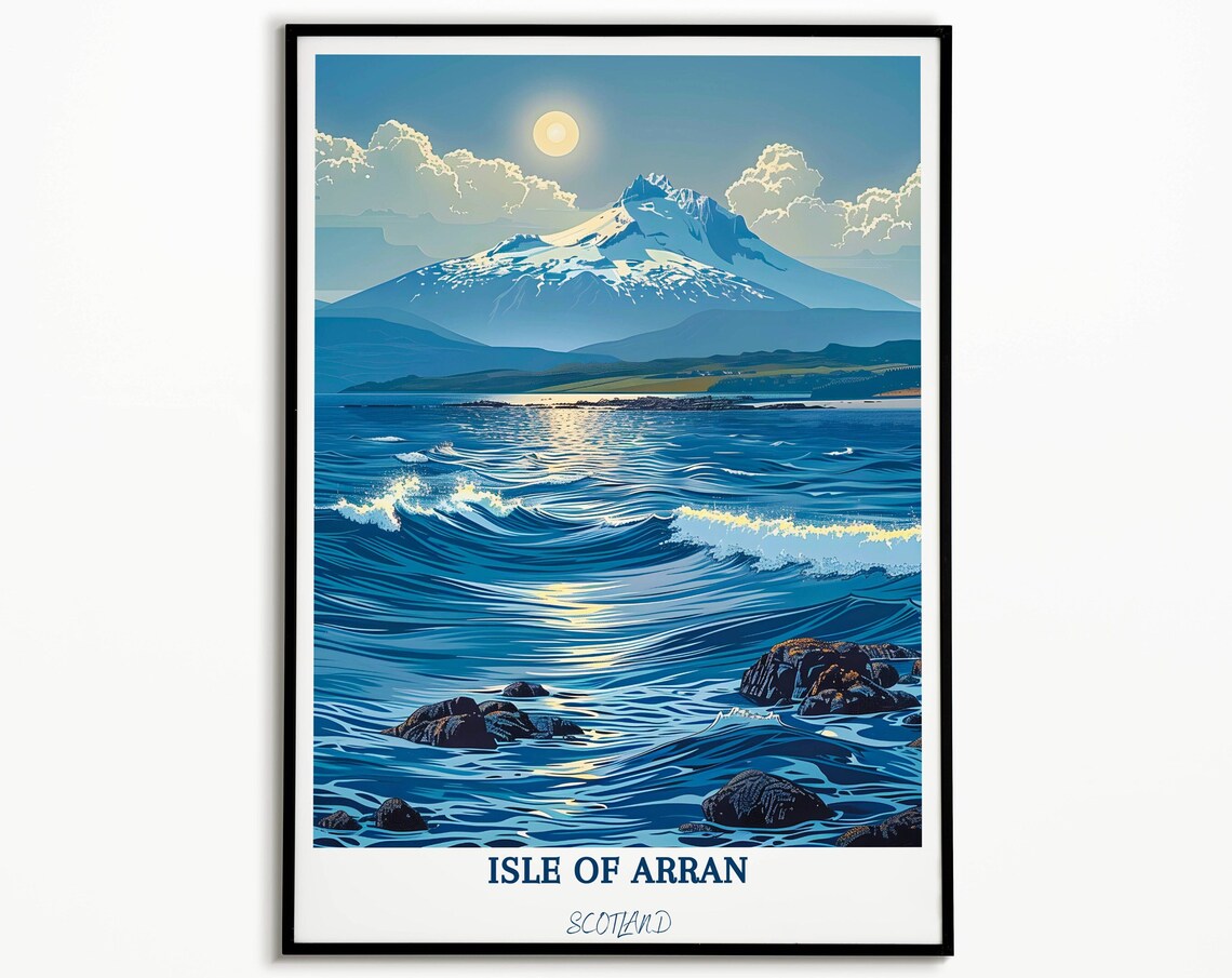 Isle Of Arran Scotland Goat Fell Moonlit Waves Seascape Travel Poster