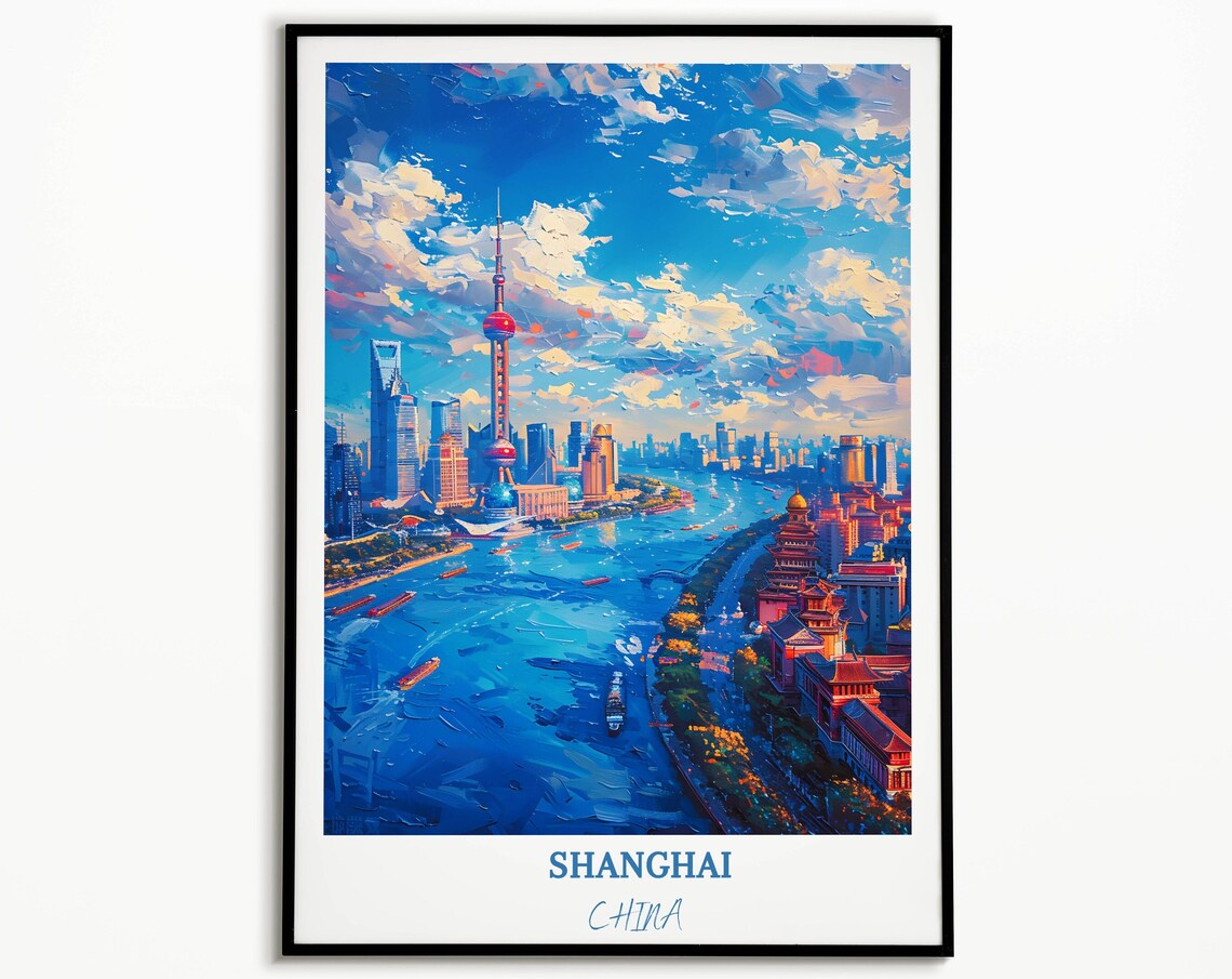 Shanghai China Huangpu River Bend Boats Skyline Dusk Travel Poster
