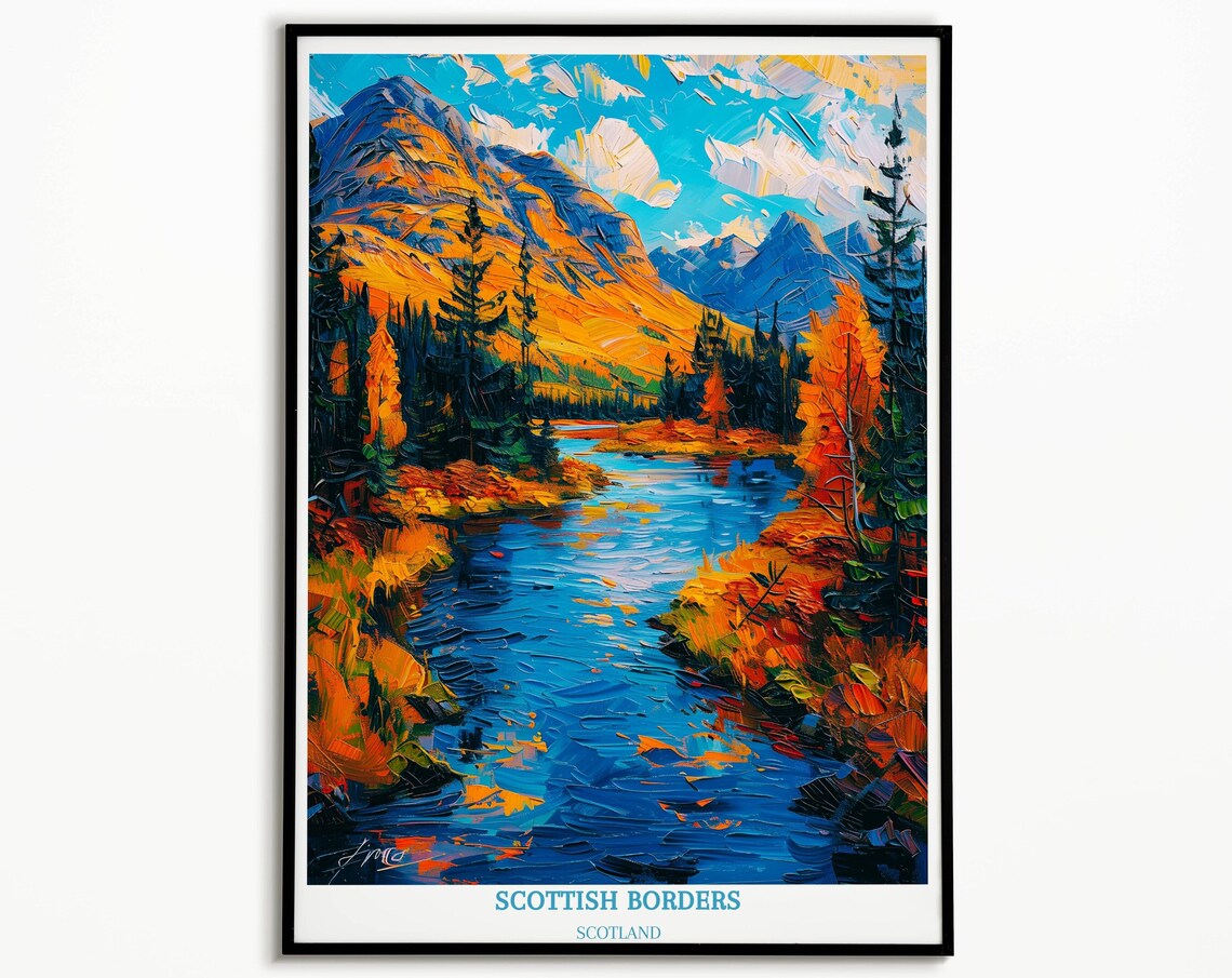 Scottish Borders Autumn River Mountain Oil Painting Style Poster