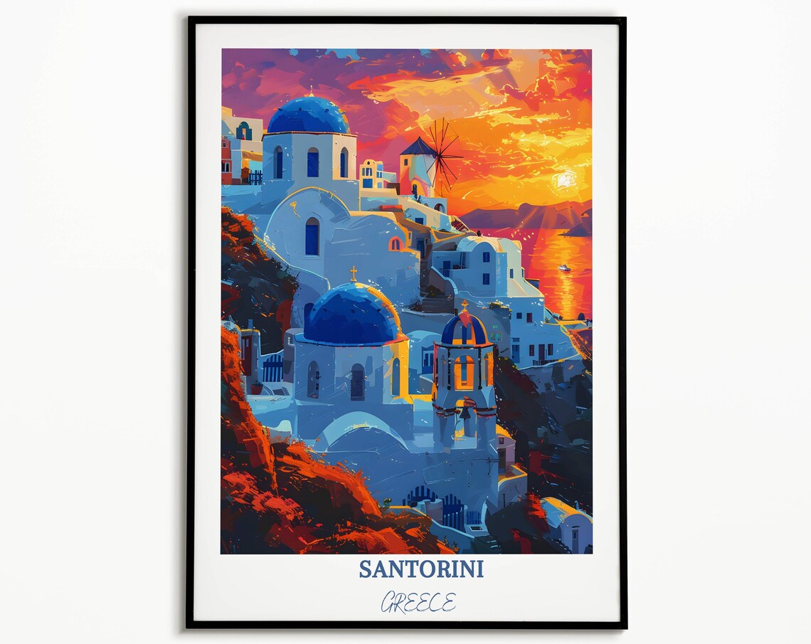 Santorini Sunset Over Blue Domes and Aegean Sea Greece Poster