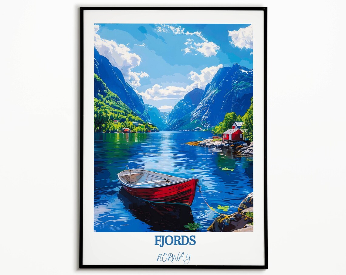 Norwegian Fjord With Red Rowboat And Red Cabin In Norway Poster